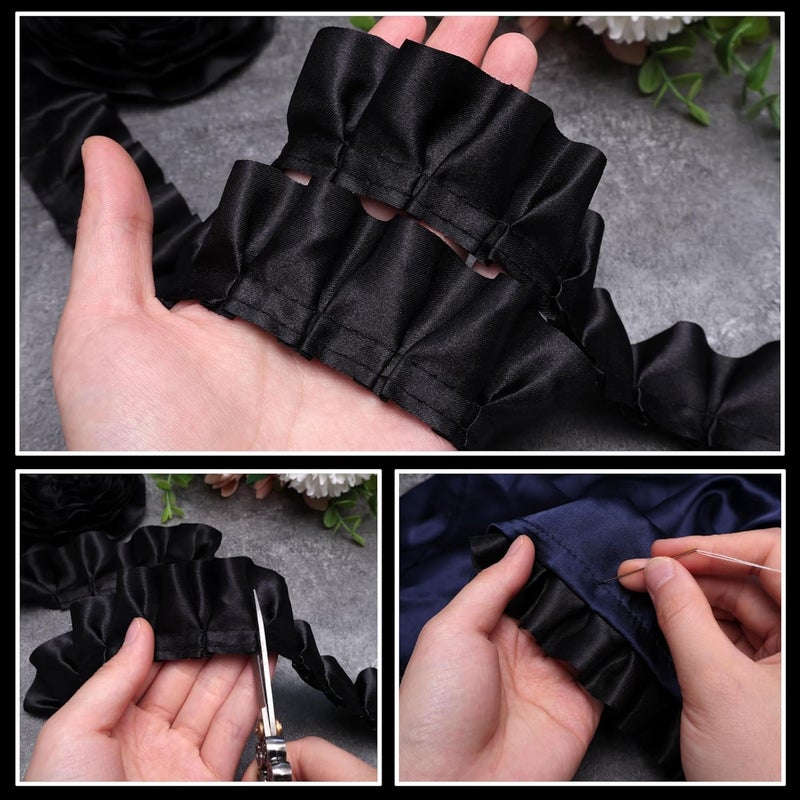 AIETSYEI Black Ruffle Pleated Lace Trim Satin Ribbon Gather Ruffle Edge for Applique Sewing Crafts, Home Decoration - Image 5